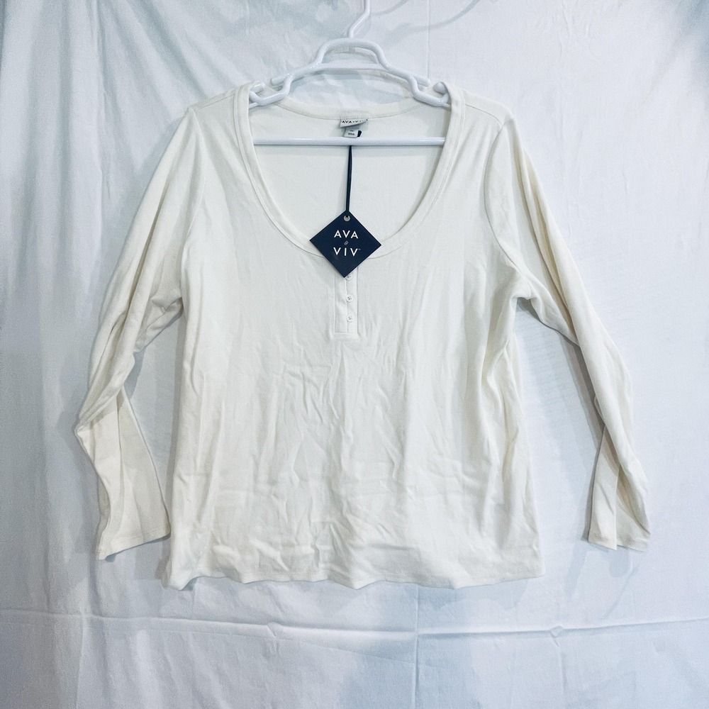Ava & Viv Shirt Womens 3X White Henley Scoop Neck Long Sleeve Stretch Top